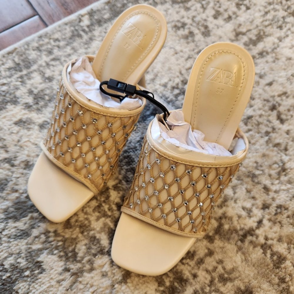 NWT Zara Size 6.5 Beige Rhinestone Mesh Slide Heels - Picture 7 of 7